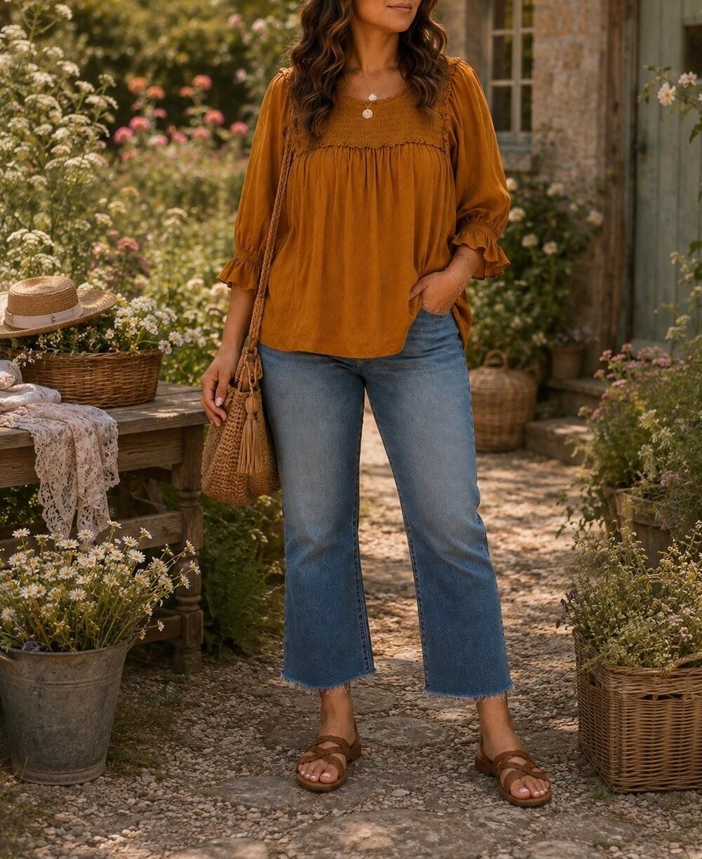 Anthropologie XL Mustard Smocked Puff Sleeve Peasant Blouse Boho Cottagecore
